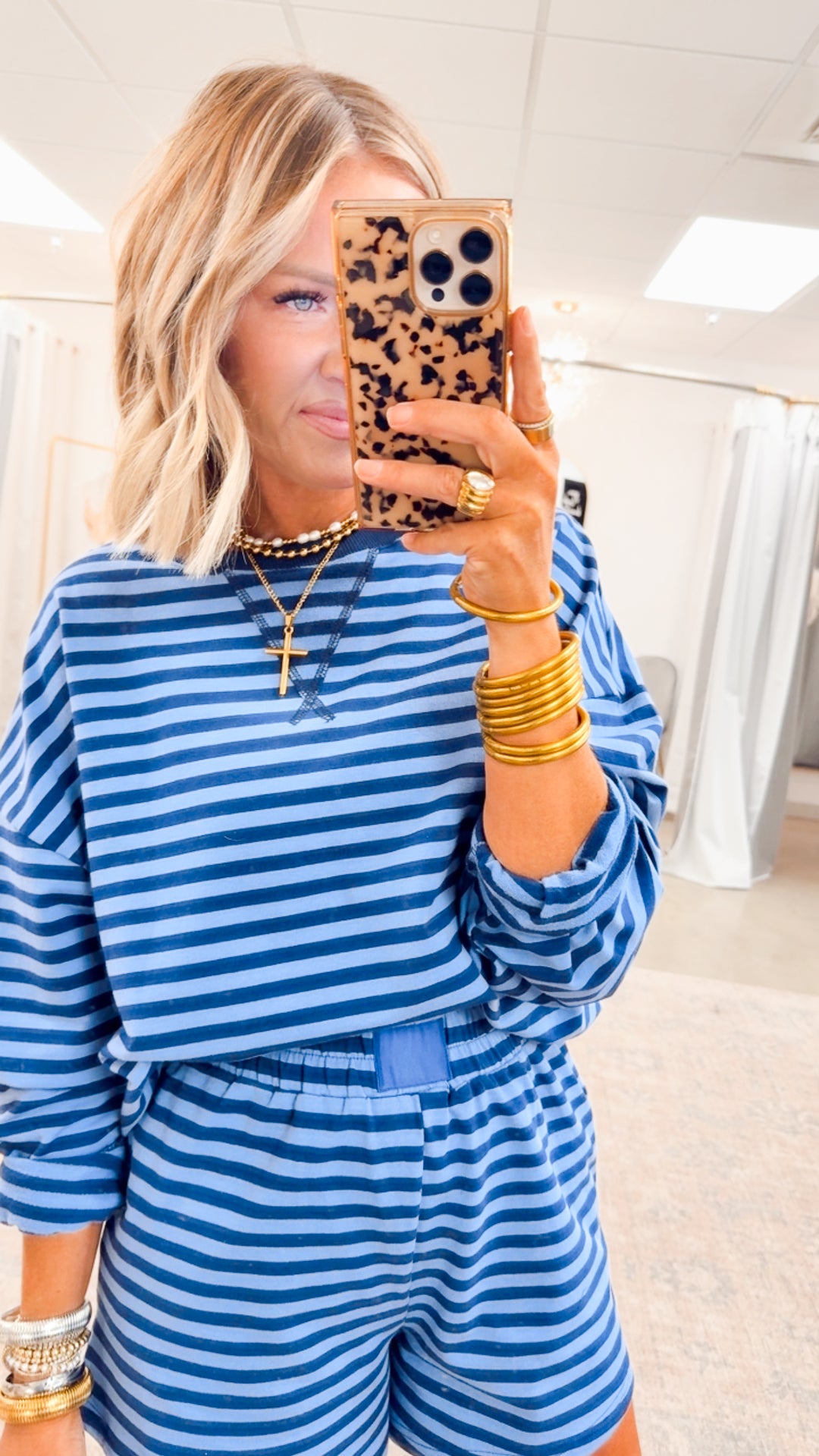 Lennon Stripe Shorts Set-Navy/Blue