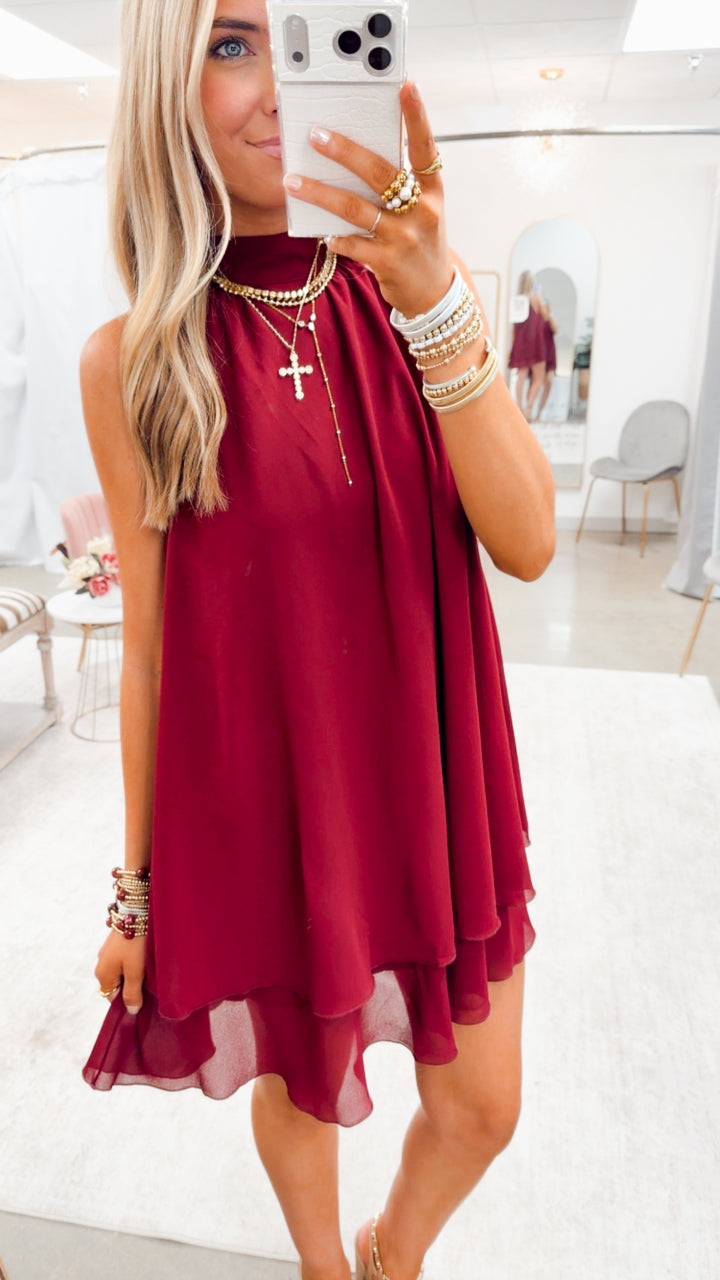 The Lollie Ruffle Hem Mini Dress-Maroon