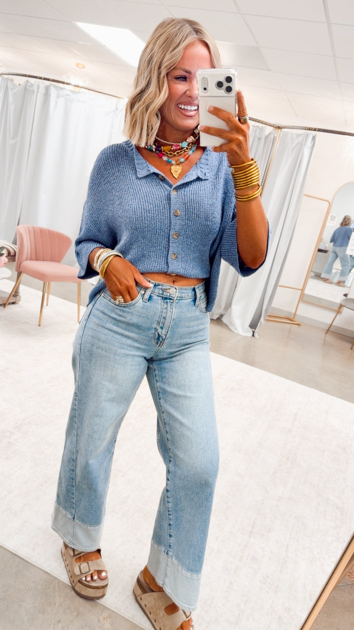 The Brandi Button Down Cardigan-Dusty Blue