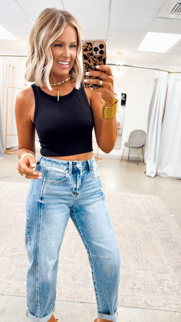 Basic Highneck Crop Top-Black