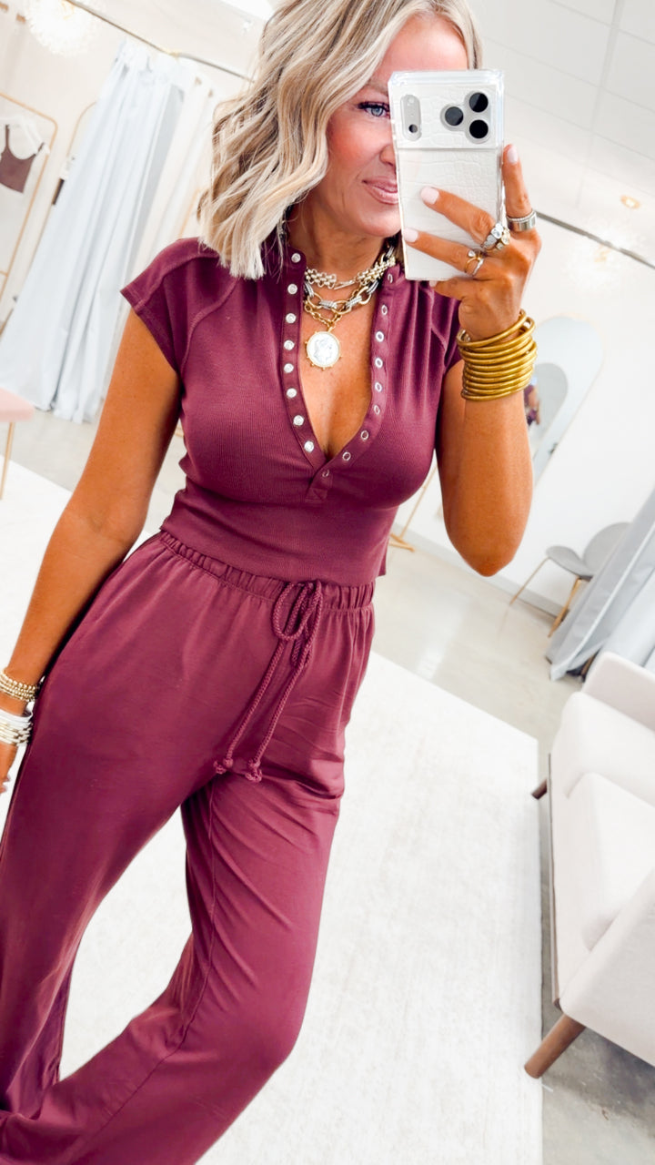 Evie Raglan Top & Pant Set-Wine