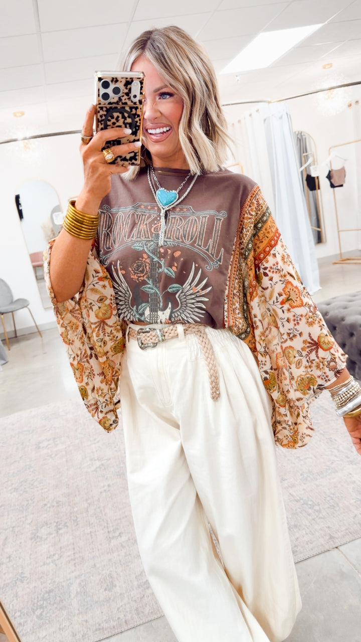 Rock N Roll Graphic Kantha Top-Brown