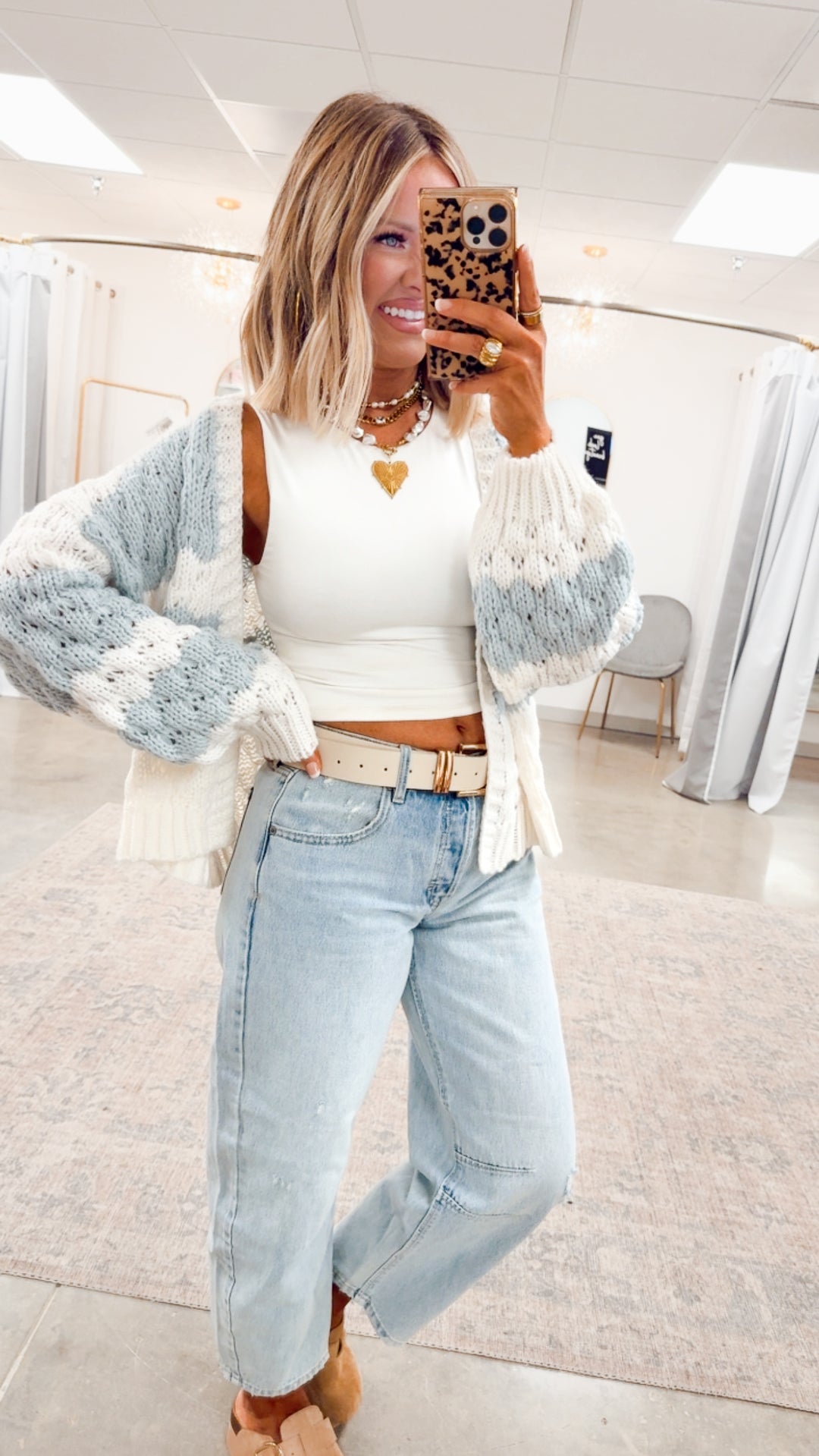 Textured Striped Sweater Cardigan- Off White/Blue