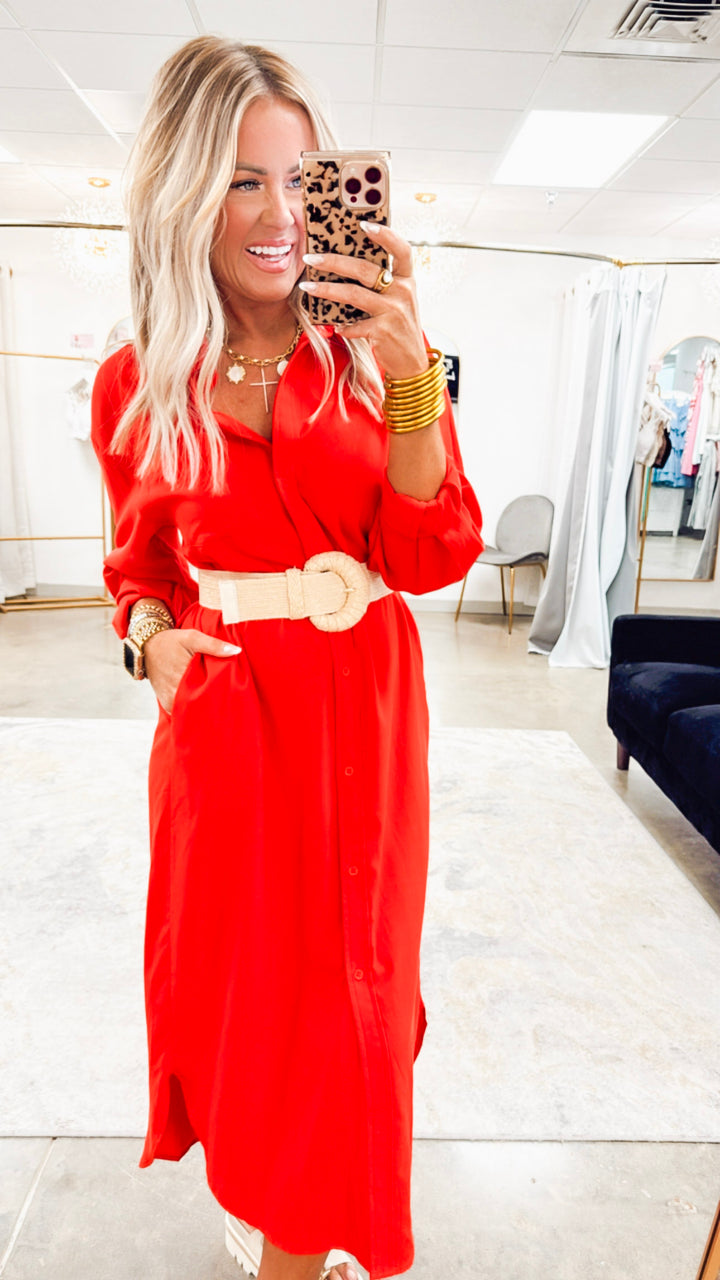 The Elle Oversized Midi Shirt Dress- Red