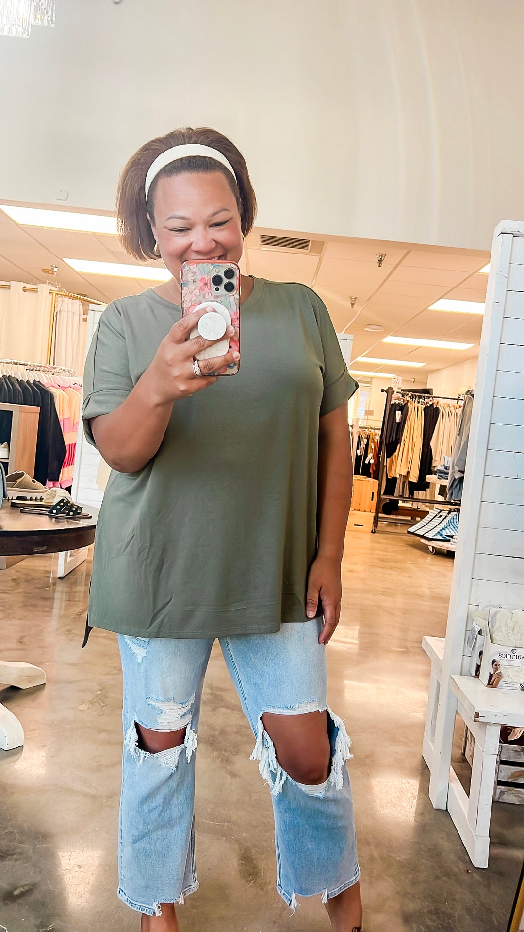 Rolled Sleeve Side Slit Hi-Low Hem Curvy Girl Top