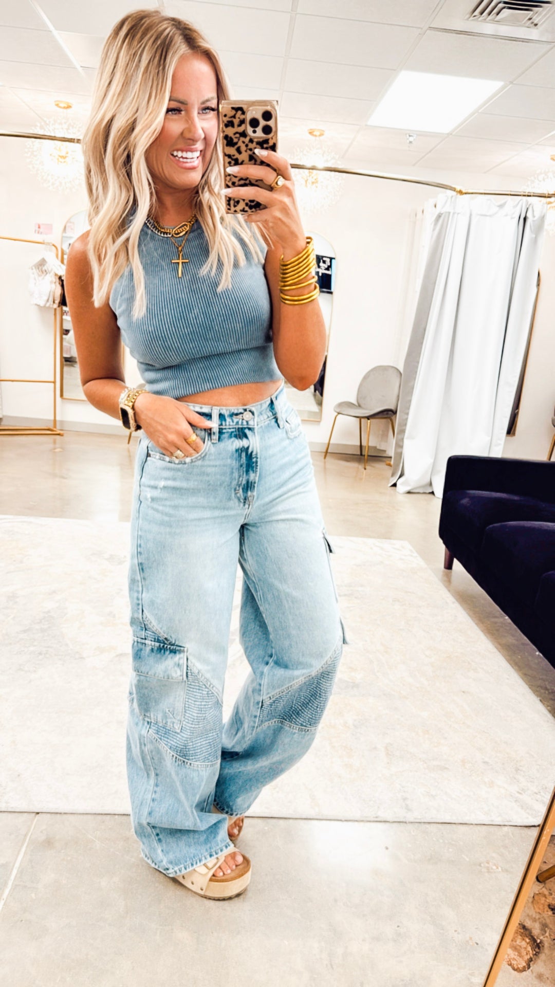 Washed Ribbed Knit Tank-Denim