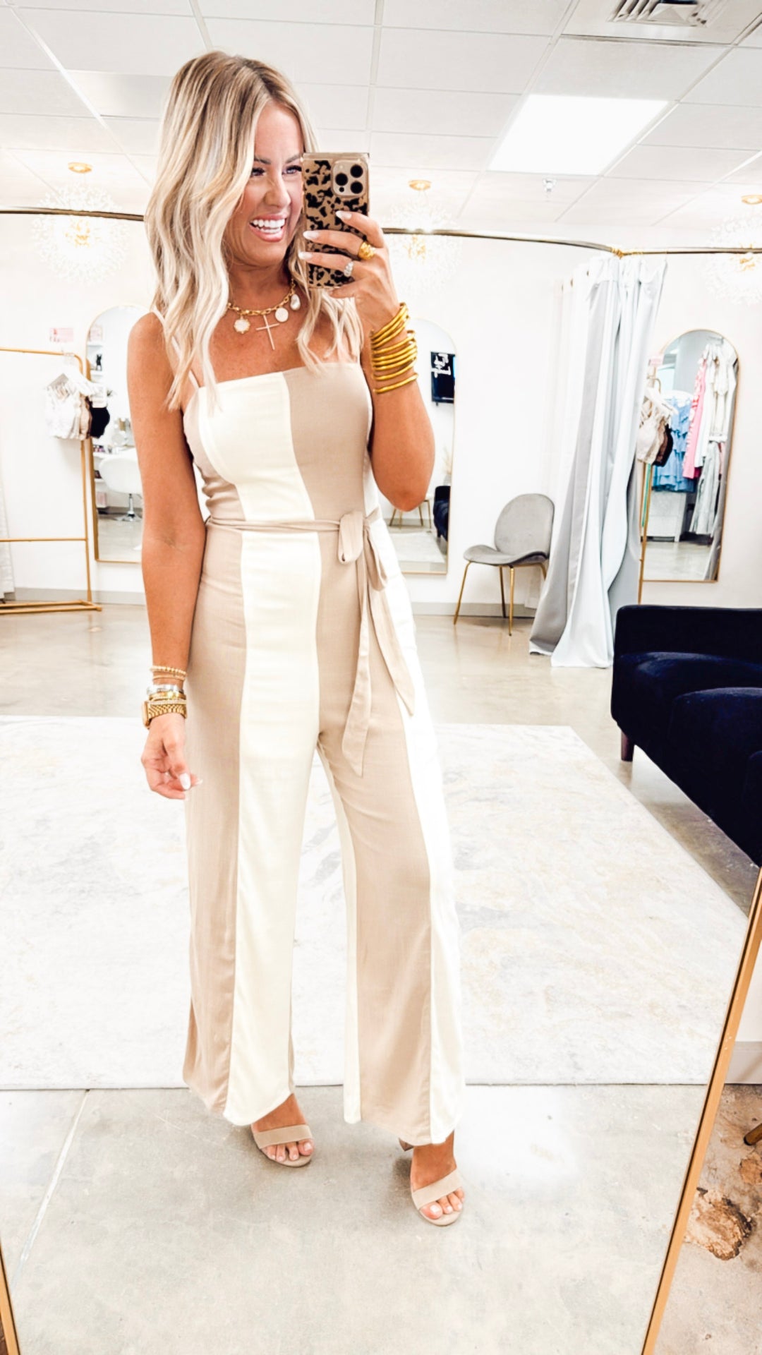 Wide Stripe Belted Jumpsuit- Taupe