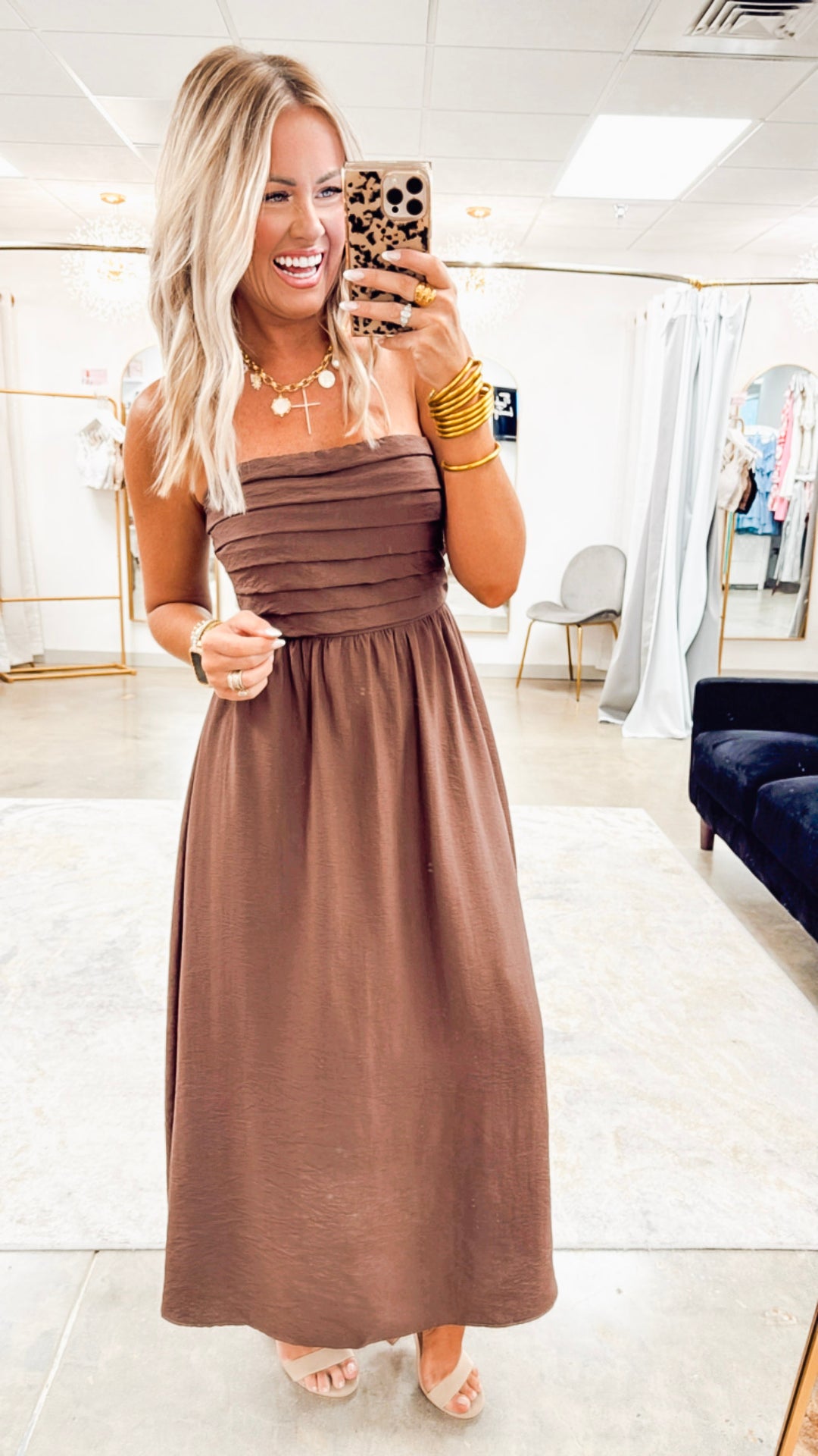 Pleated Bodice Strapless Midi Sundress- Brown