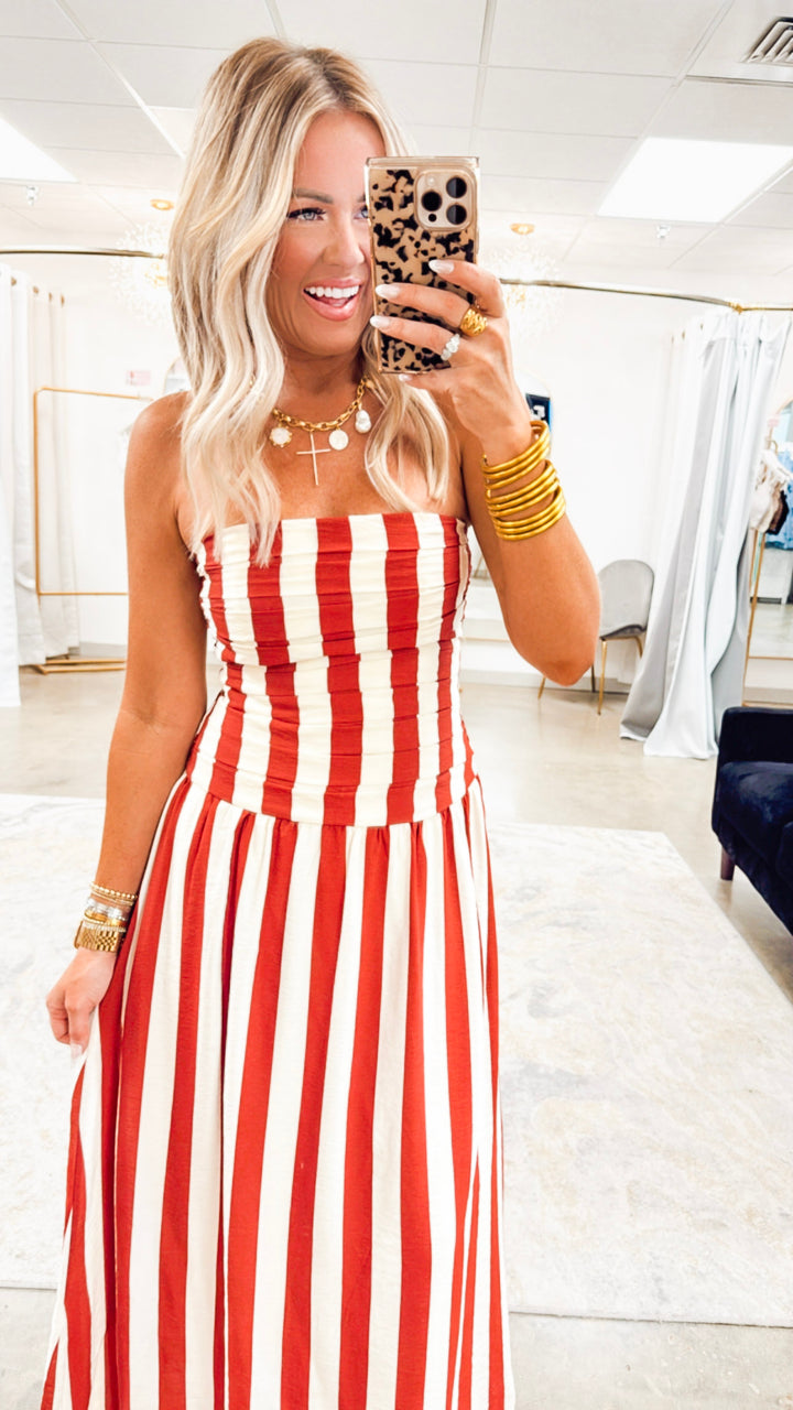 Vertical Stripe Strapless Midi Dress-Red