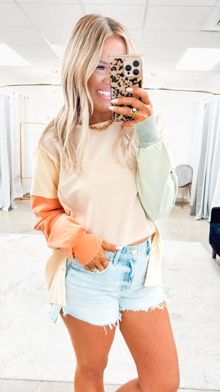 The Riley Color Block Sweatshirt- Taupe