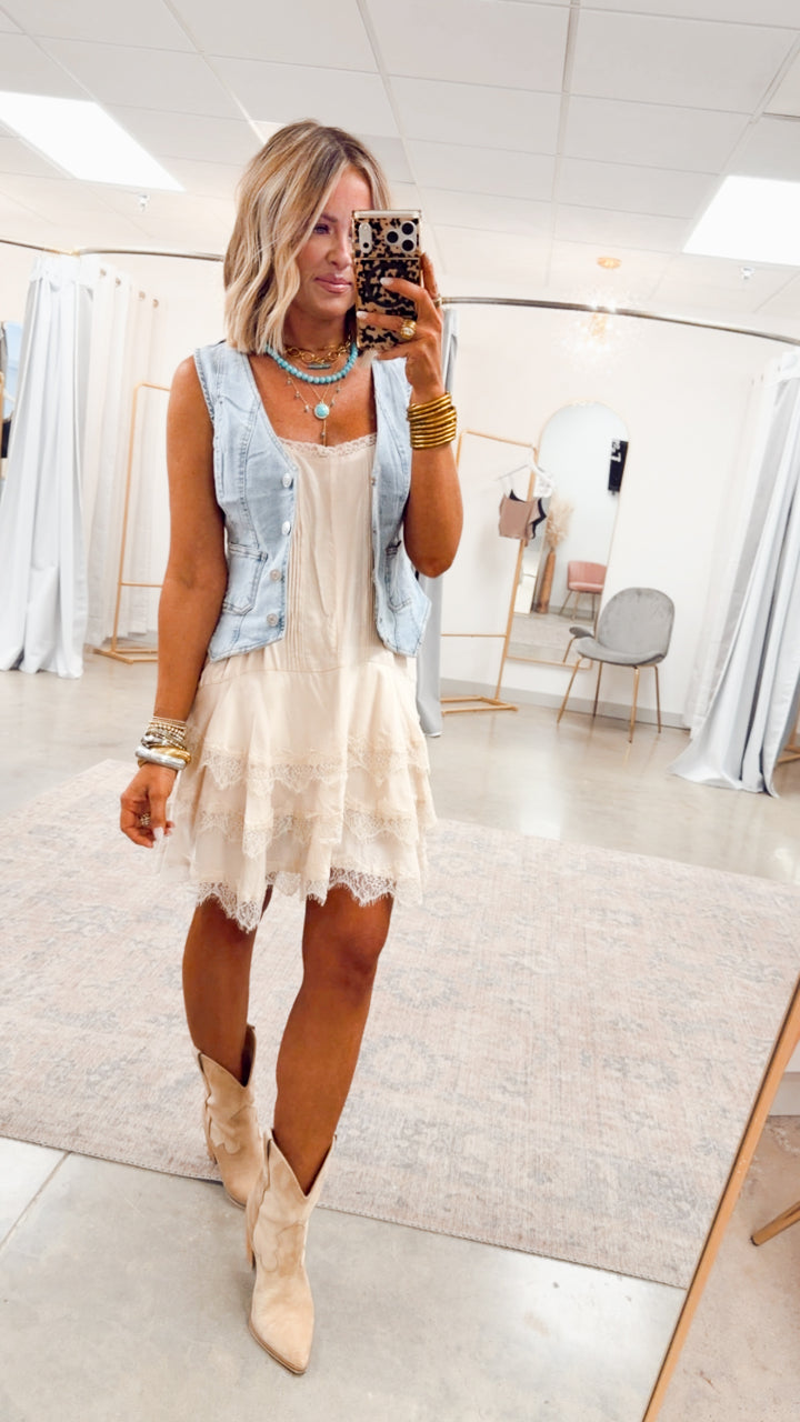 Scallop Lace Slip Mini Dress-Cream