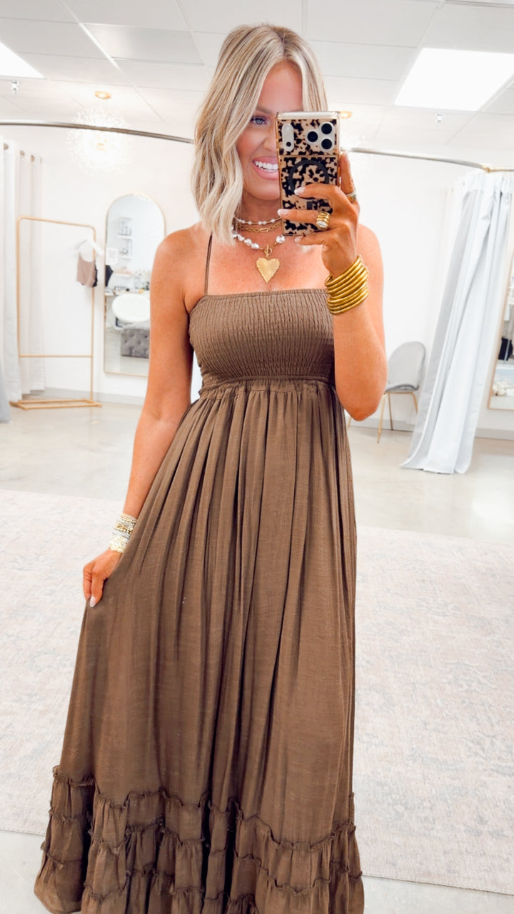 Viviana Smocked Halter Maxi Dress-Chocolate