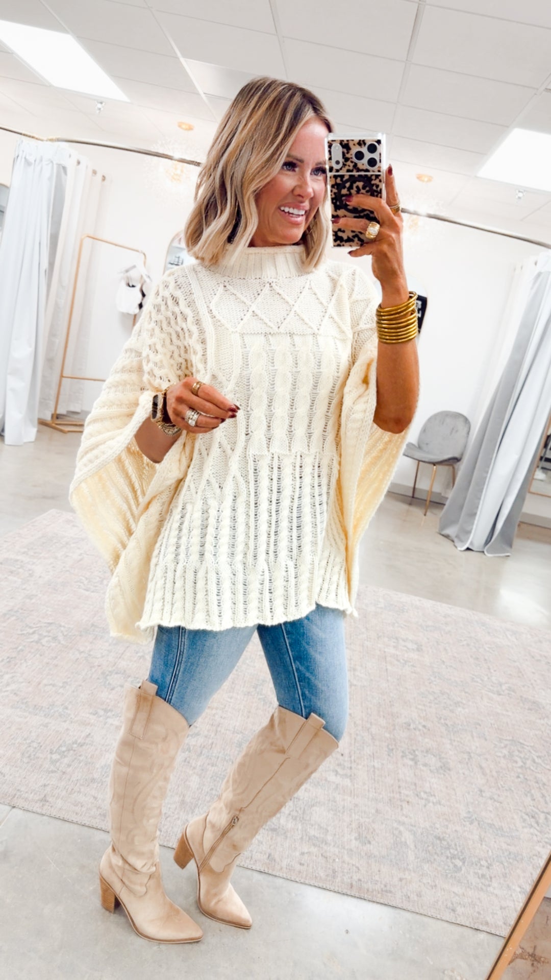 Everlyn Mock Neck Poncho Sweater-Cream