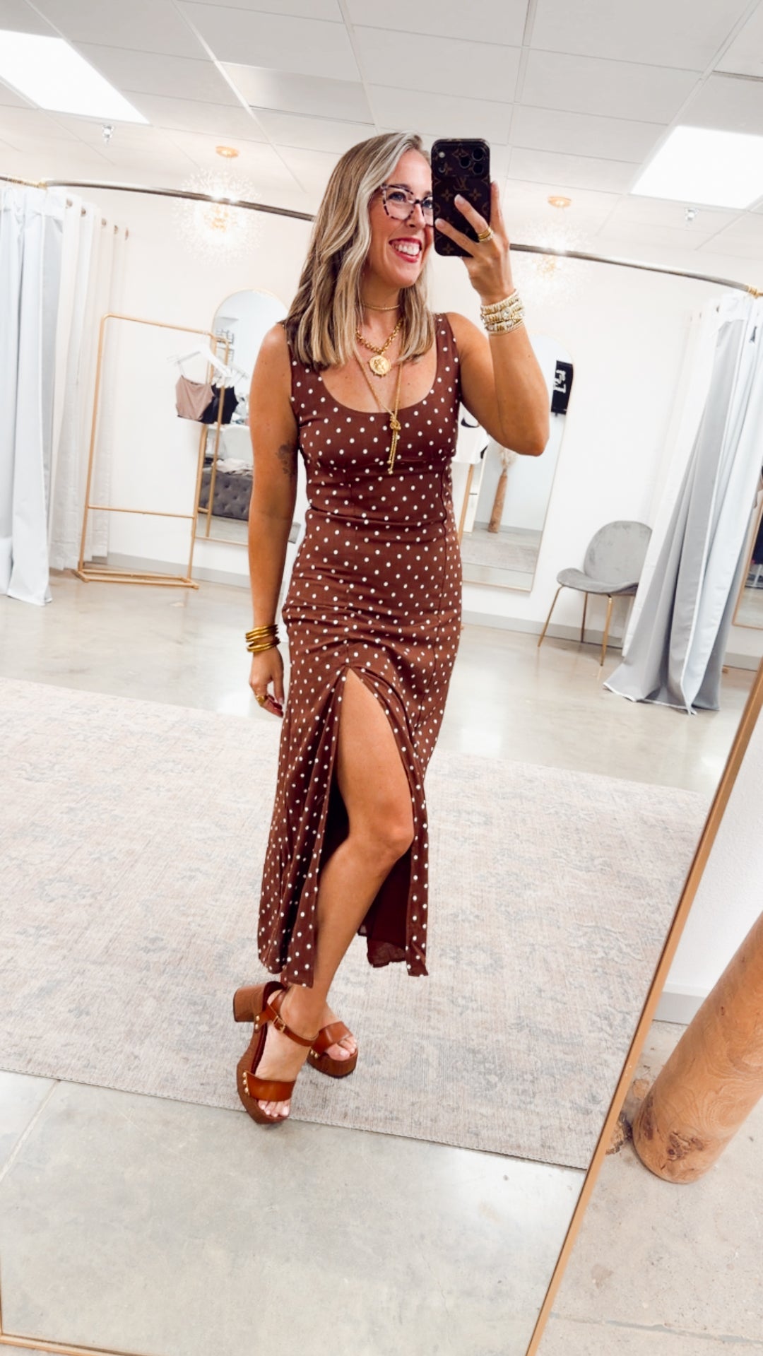 The Clara Polka Midi Dress-Chestnut
