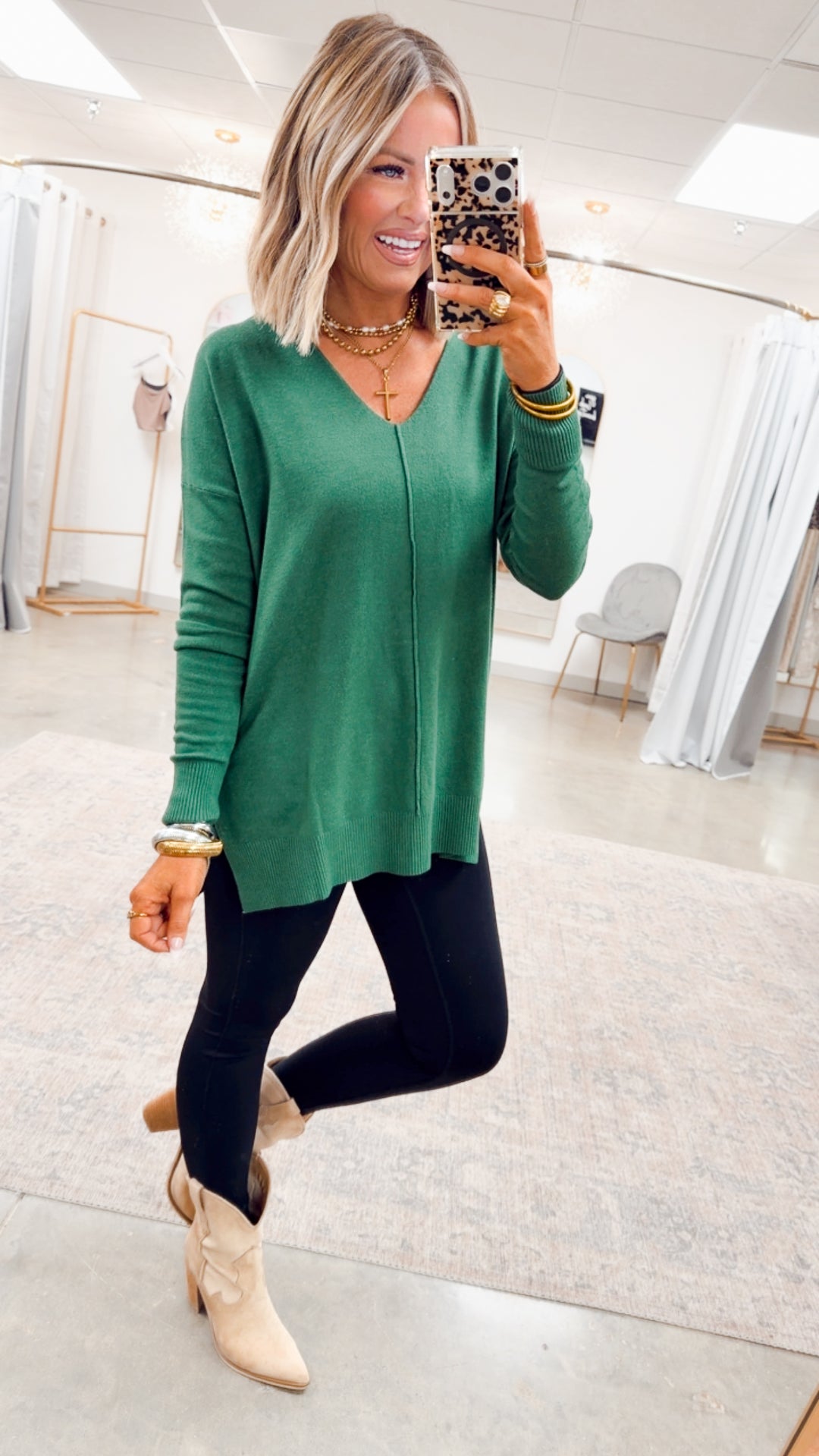 The Laramie Hi-Low Sweater- Dk Green