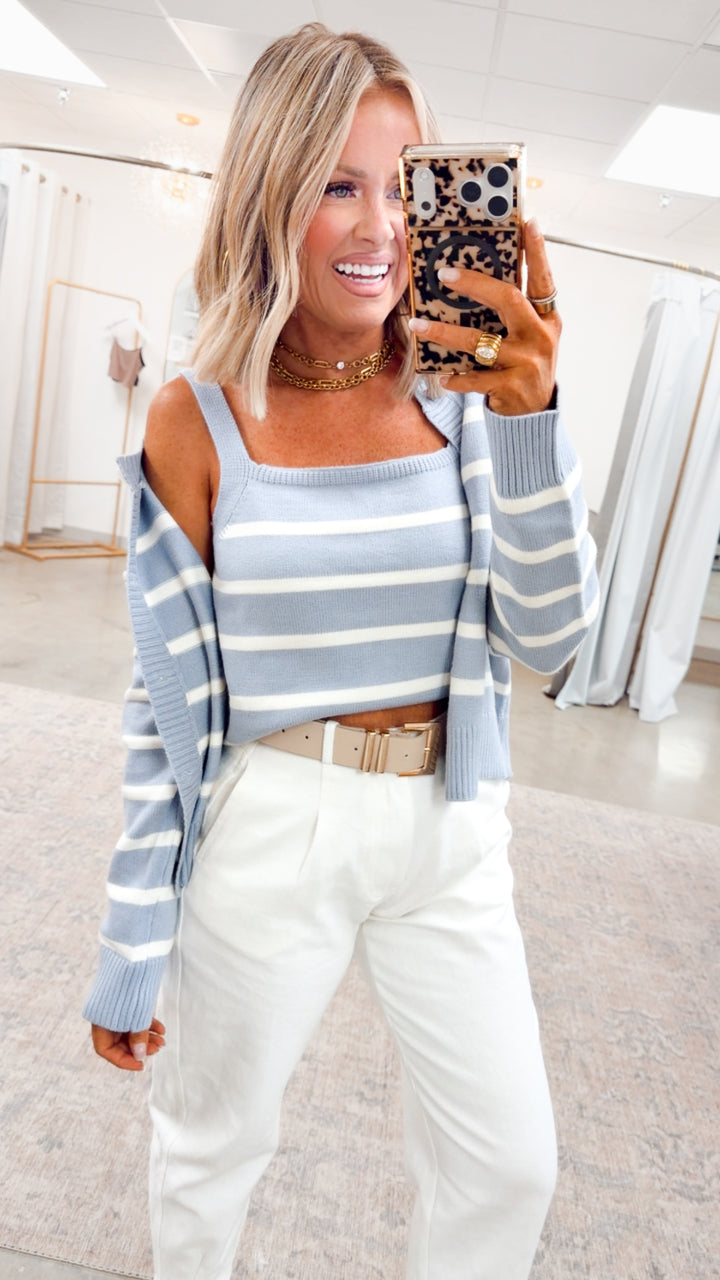 Hazelwood Cami & Cardigan Set-Blue/Cream