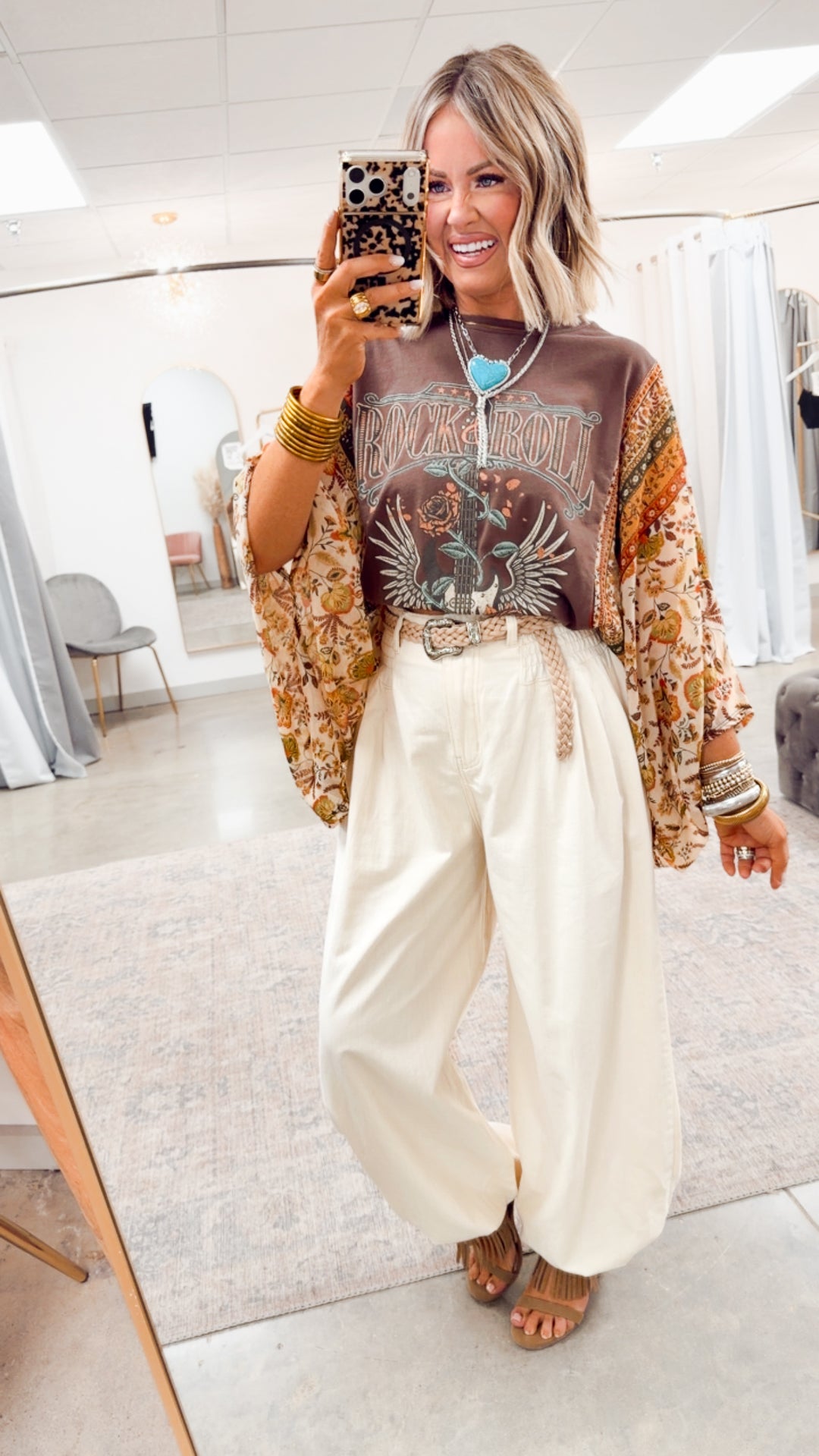 Rock N Roll Graphic Kantha Top-Brown