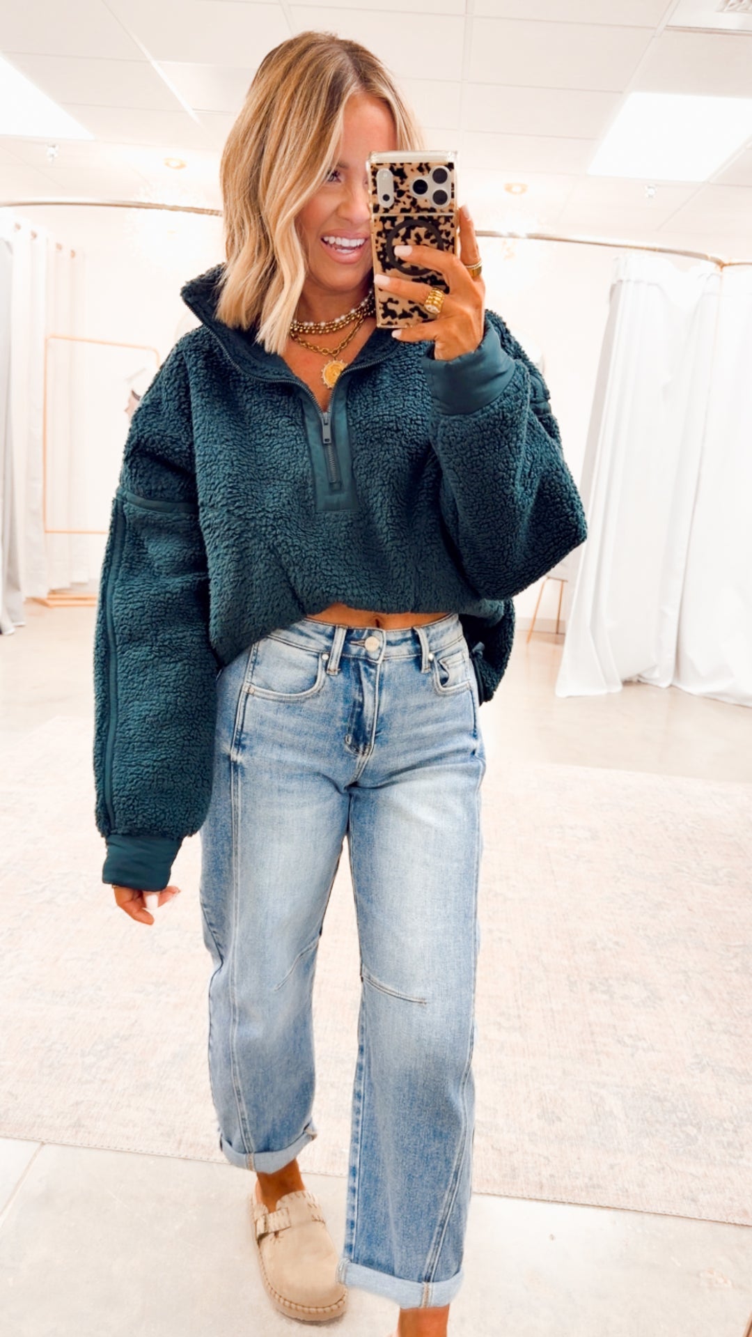 Sherpa Mock Neck Quarter Zip Jacket-Dk Green