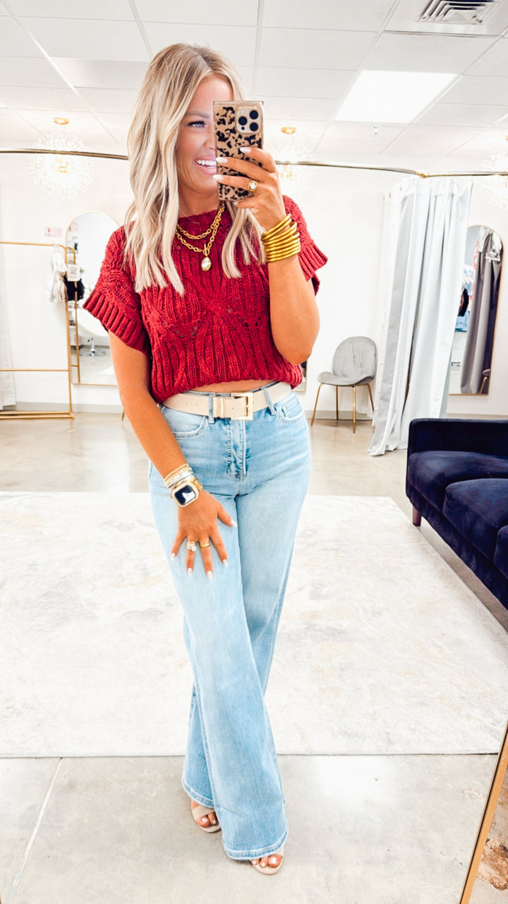 Cable Knit Sweater Top-Wine