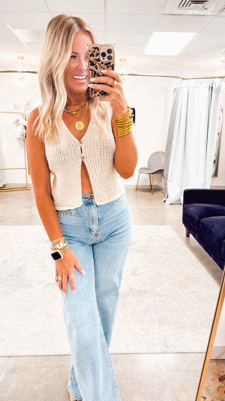 The Everyday Crochet Button Vest- Taupe
