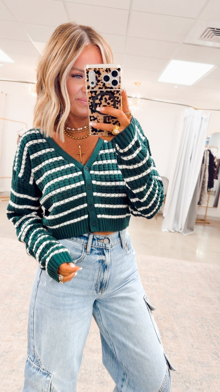 Harbor Striped Cardigan Top-Green/White