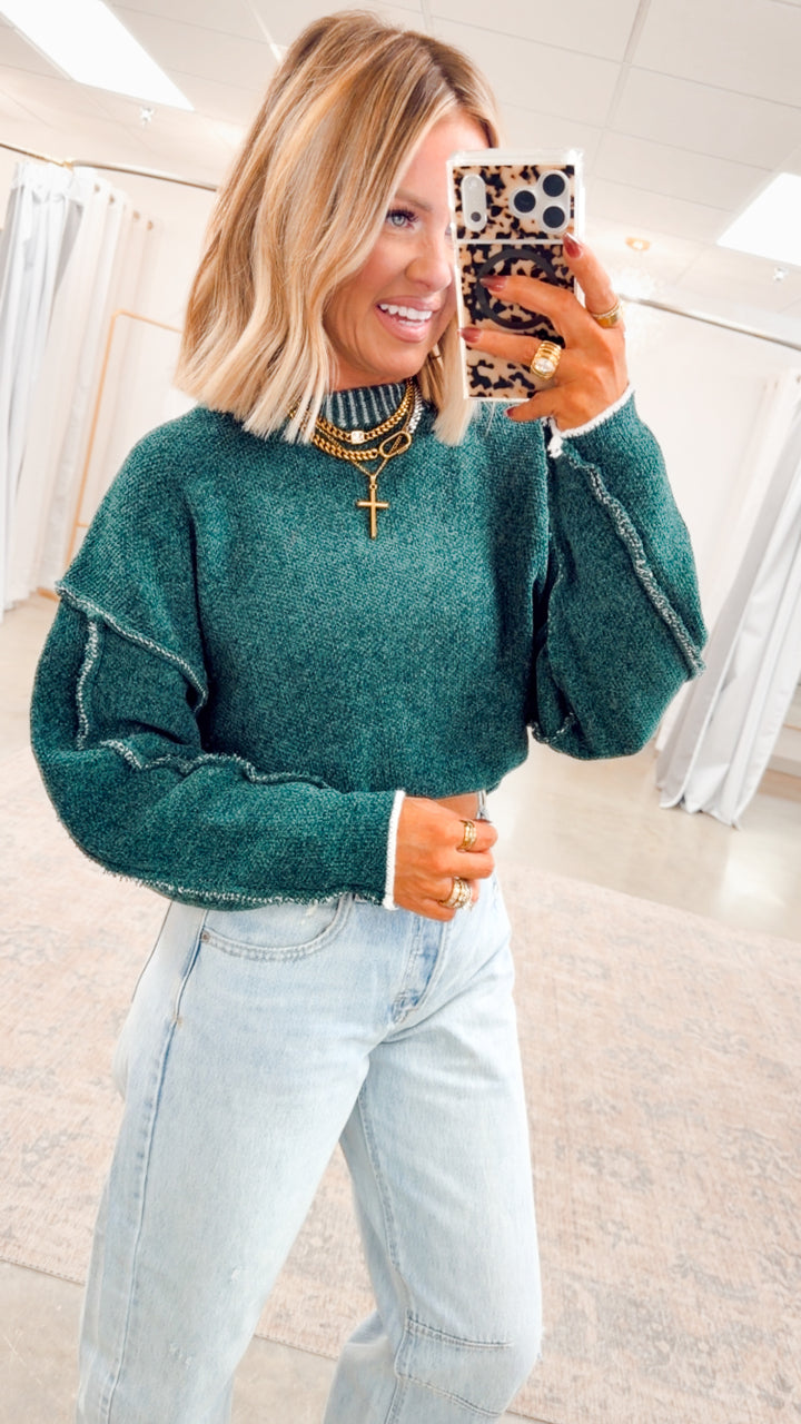 Waverly Exposed Seam Sweater-Hunter Green