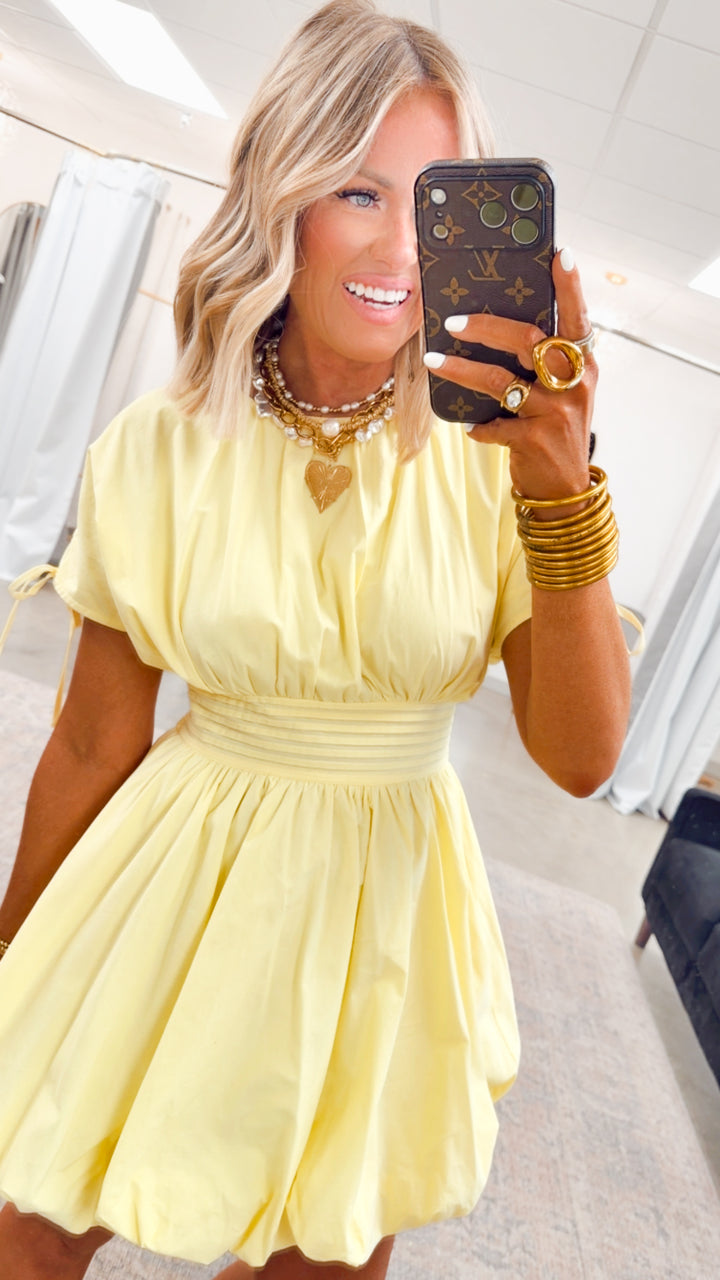 Indie Bubble Hem Mini Dress-Lemon