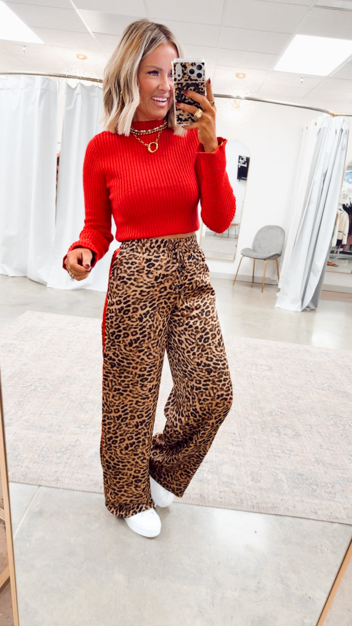 Sleek Mock Neck Ribbed Top-Red