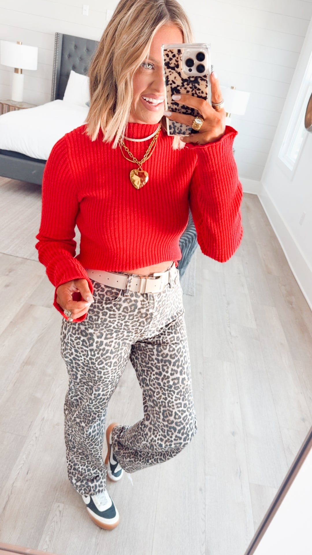 Sleek Mock Neck Ribbed Top-Red