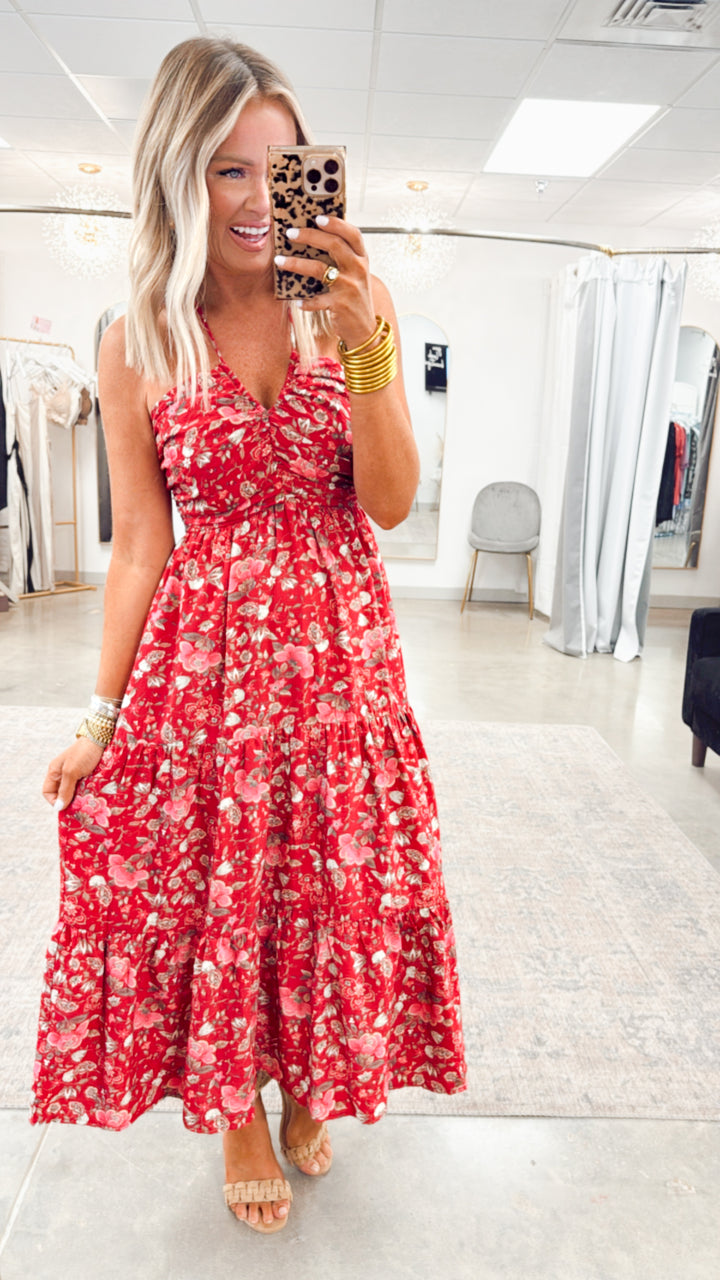 Cascade Halter Tiered Midi Dress