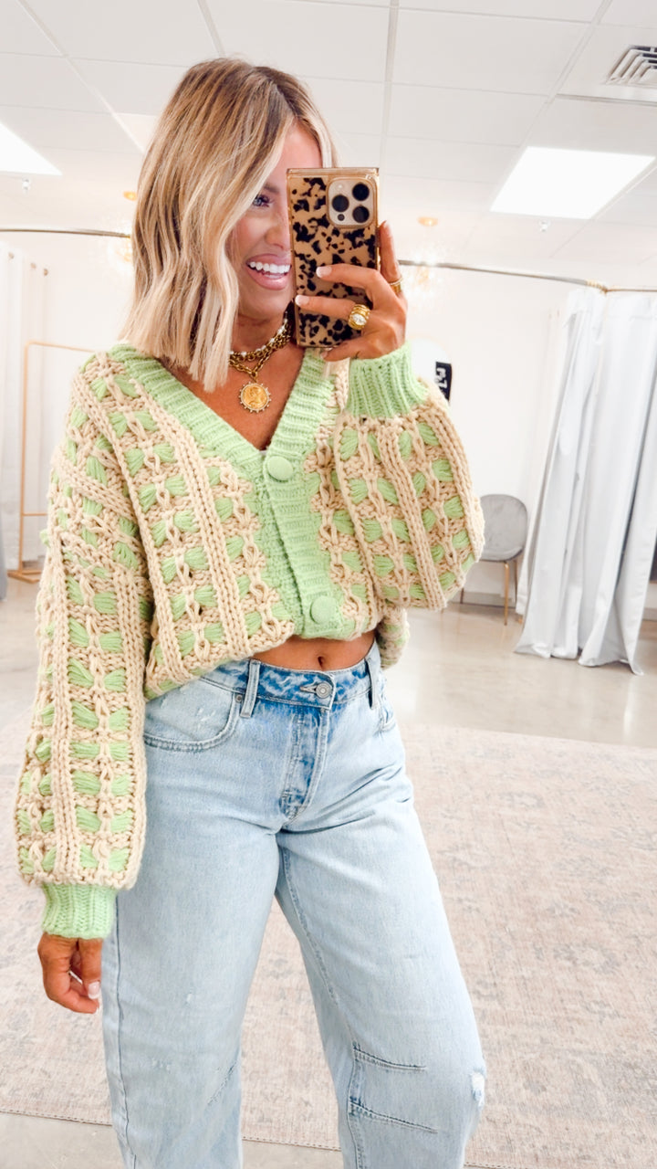 Chunky Lattice Cardigan-Green/Taupe