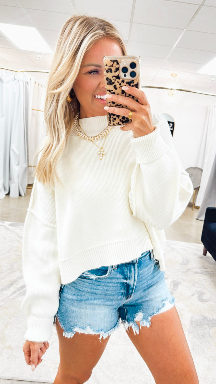 The Elise Side Slit Cropped Sweater-Ivory