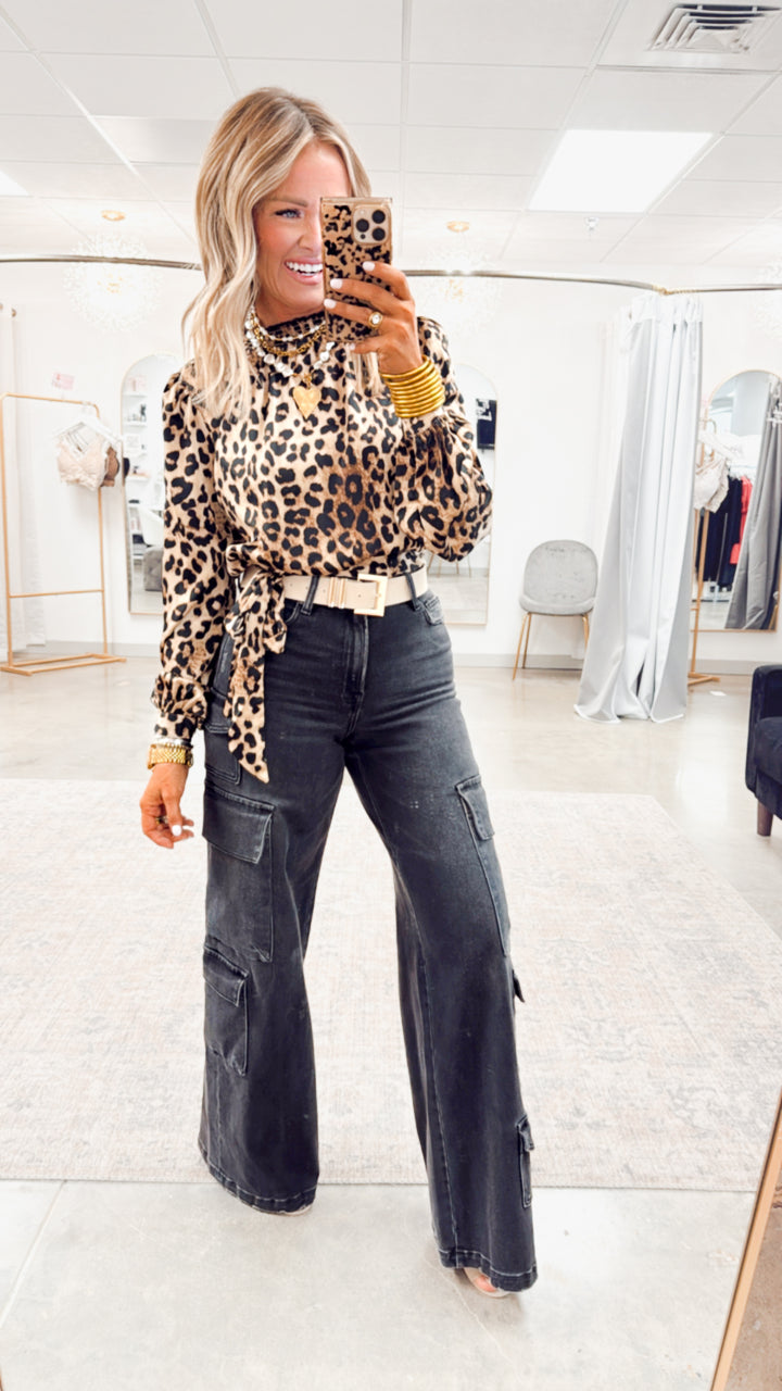 Leopard Print Smock Neck Blouse