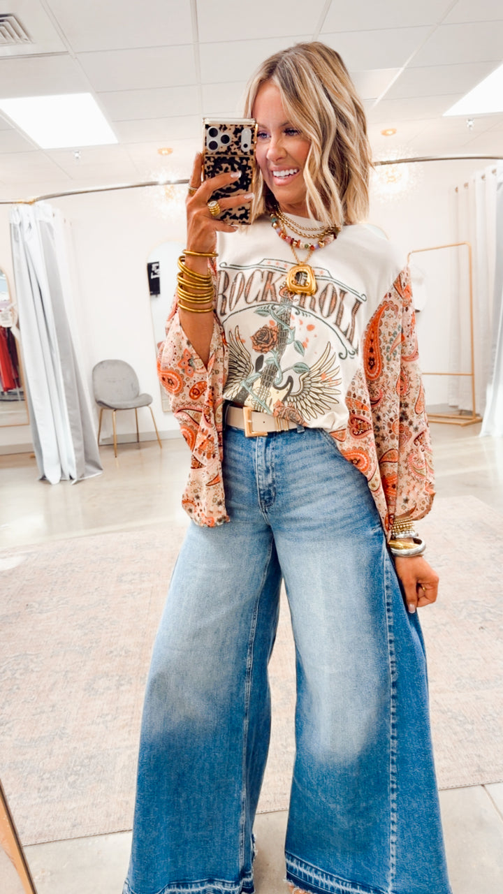 Rock N Roll Graphic Kantha Top-Bone