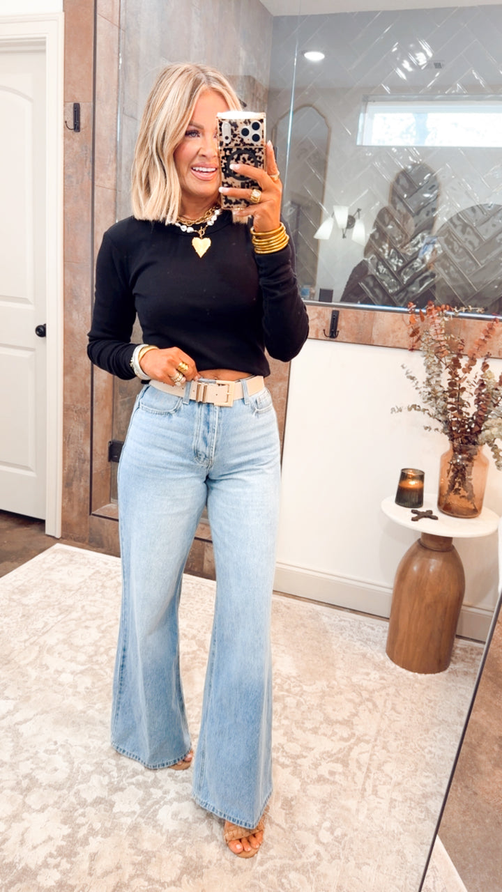 Classic Ribbed Long Sleeve Top-Black