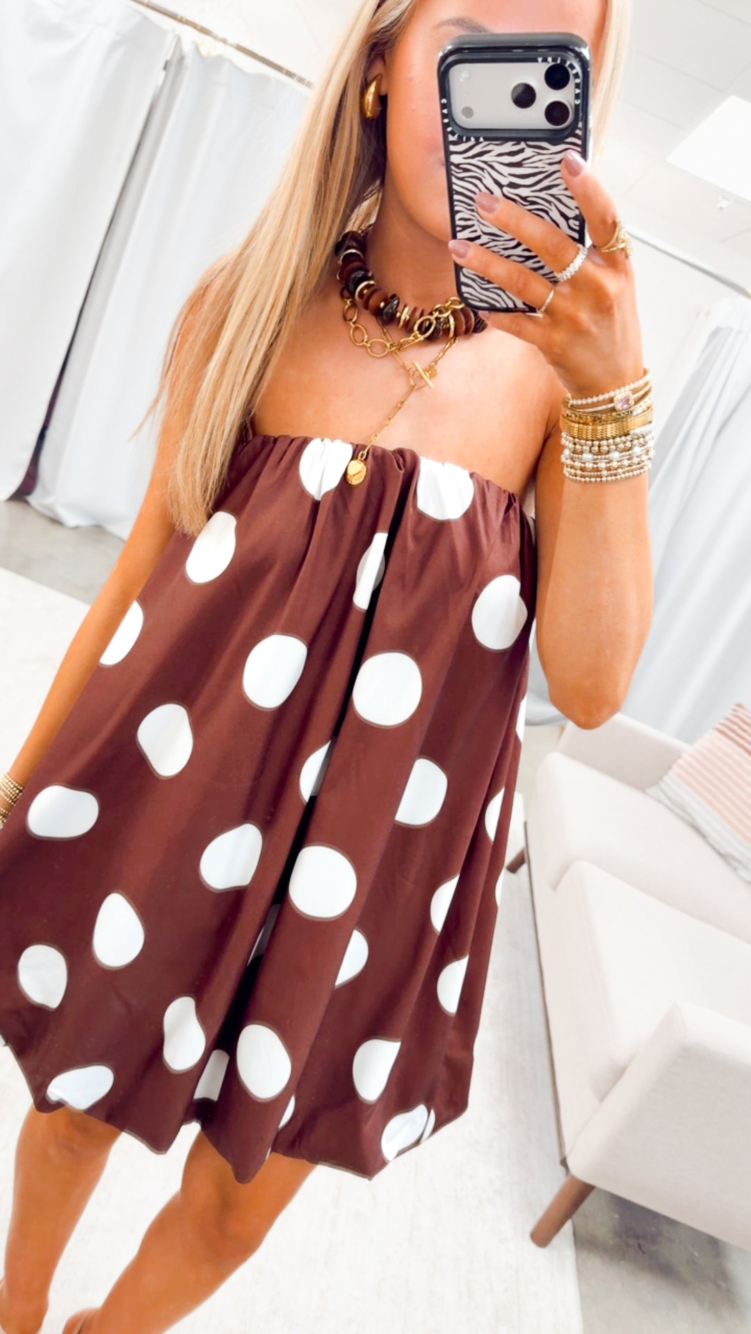 Darling Polka Dot Bubble Hem Dress-Brown/Ivory