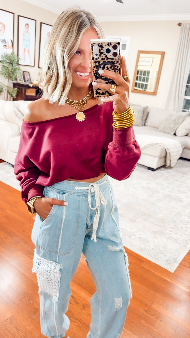 Alina Off Shoulder Sweatshirt-Burgundy