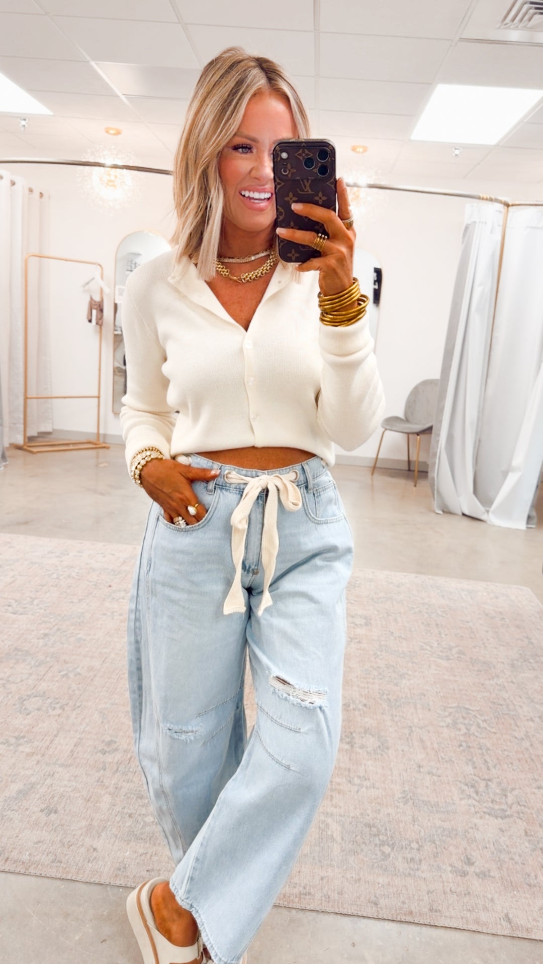 Emmie Eyelet Belted Barrel Jeans