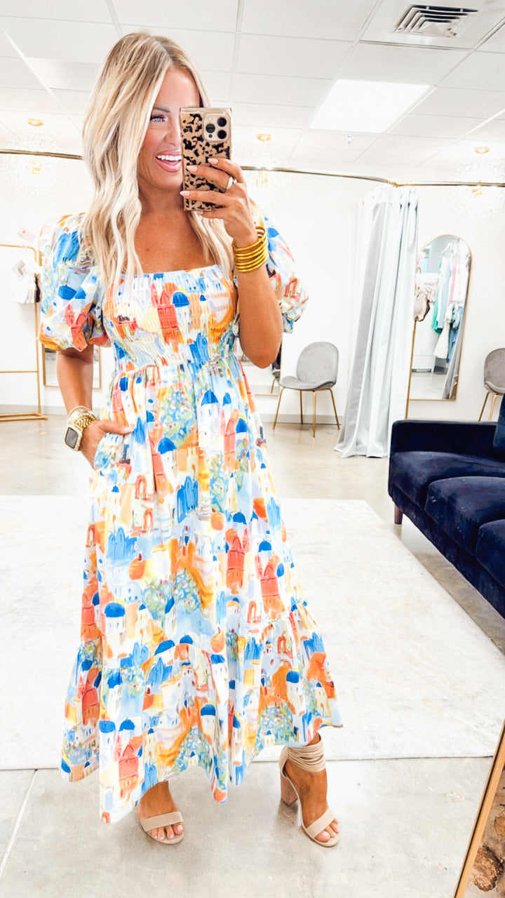 Santorini Smocked Midi Dress-Yellow