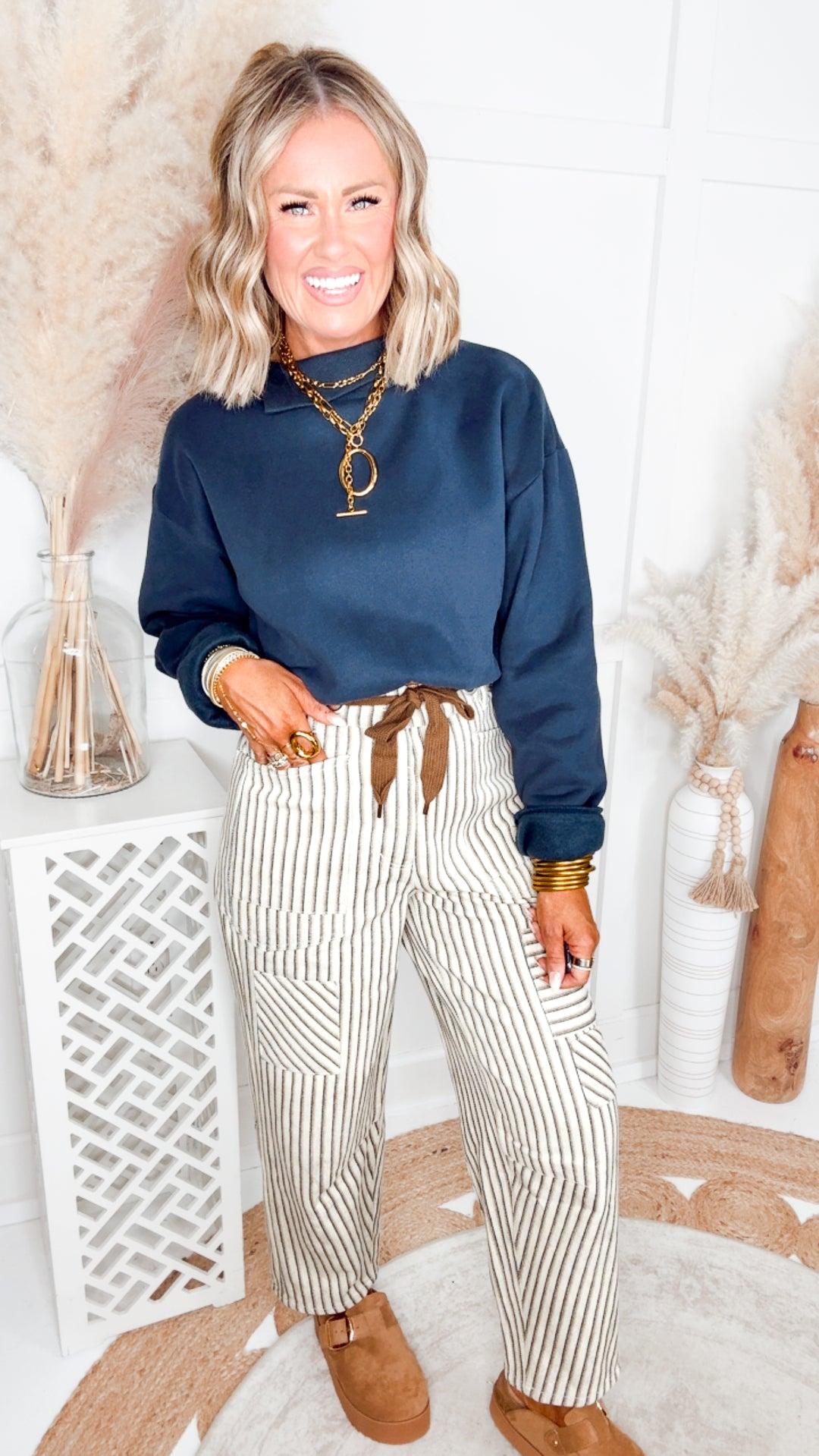 The Brighton Stripe Pants-Oatmeal/Navy