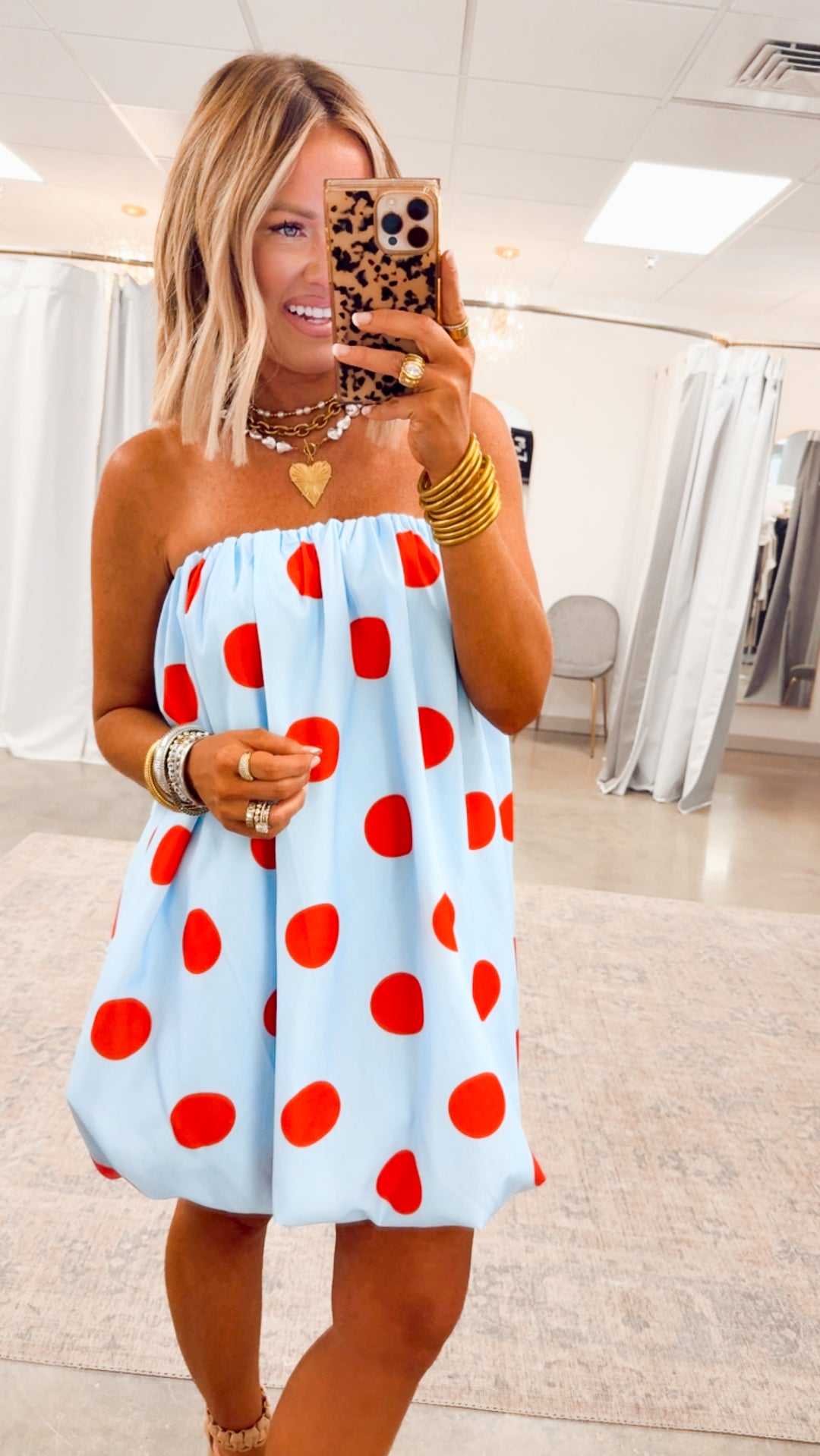 Darling Polka Dot Bubble Hem Dress-Blue/Red Medium Darling Polka Dot Bubble Hem Dress-Blue/Red Medium