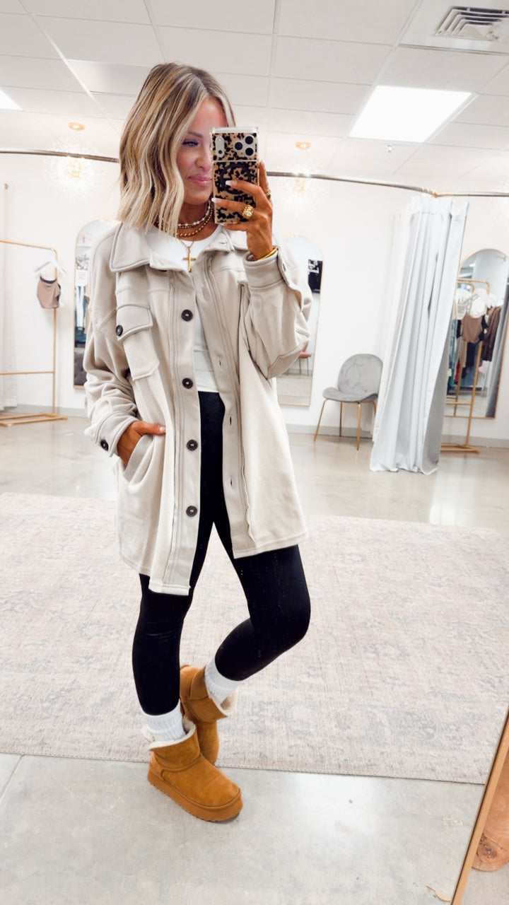 Oversized Basic Fleece Shacket-Sand Beige