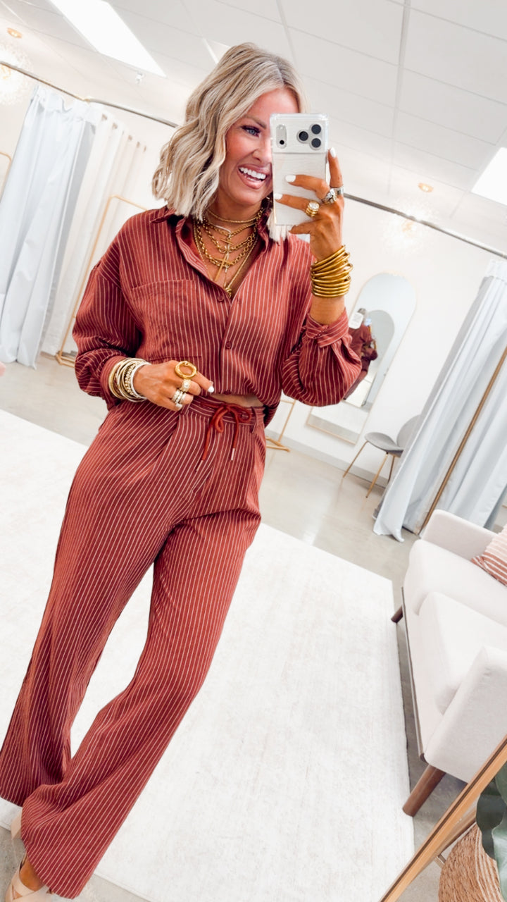 Lexi Pinstripe Top & Pants Set-Burgundy