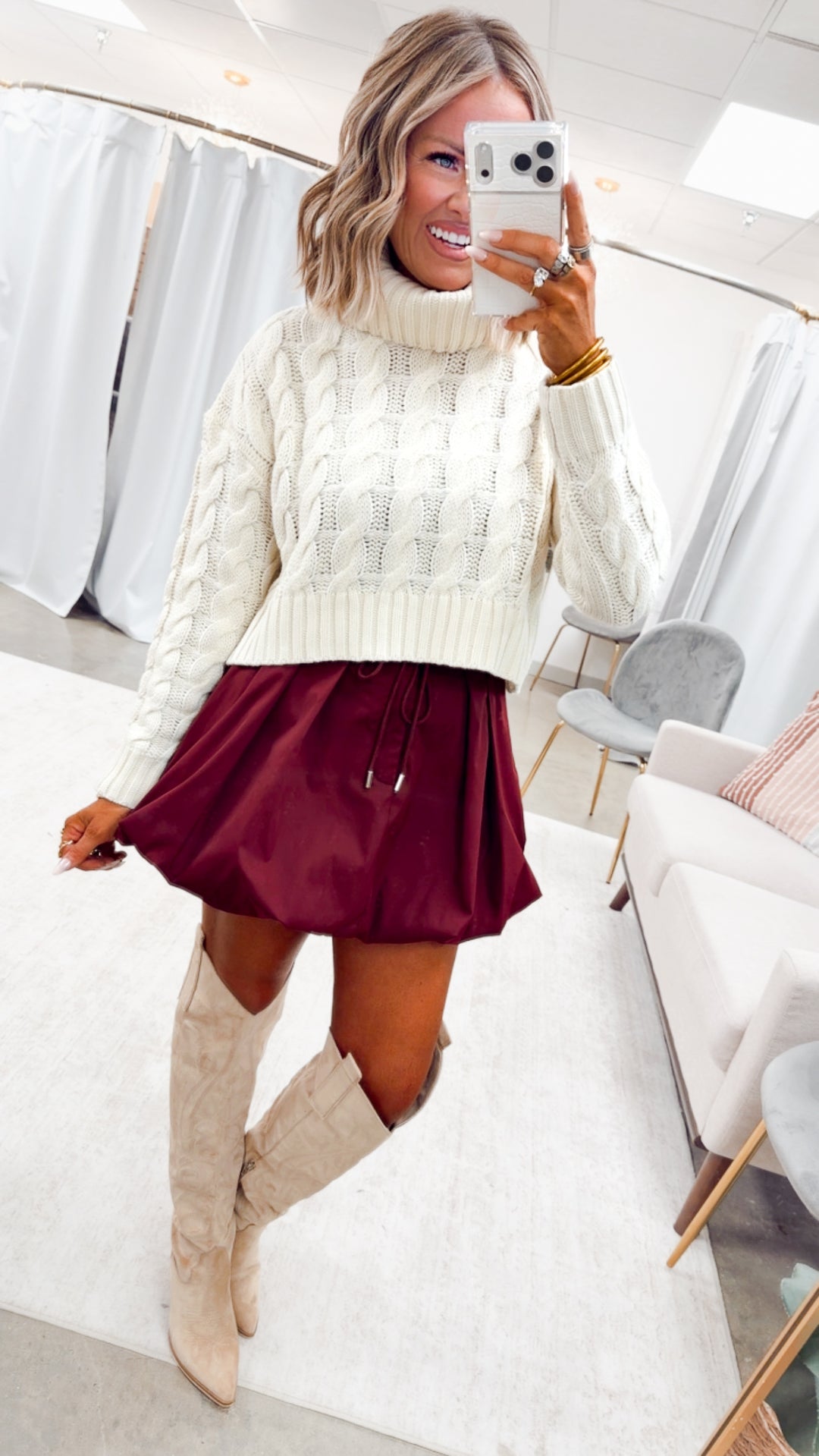 Pleated Bubble Hem Skirt-Maroon