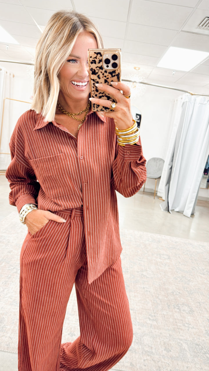 Lexi Pinstripe Top & Pants Set-Burgundy