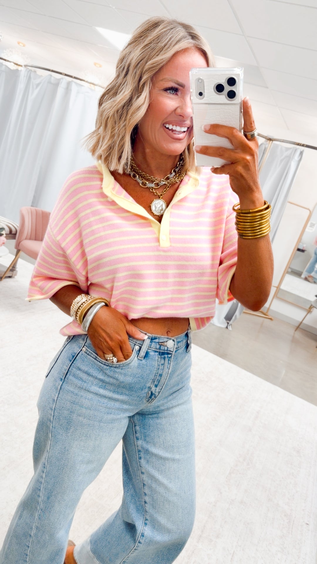 The Shoreline Henley Tee-Pink Lemonade