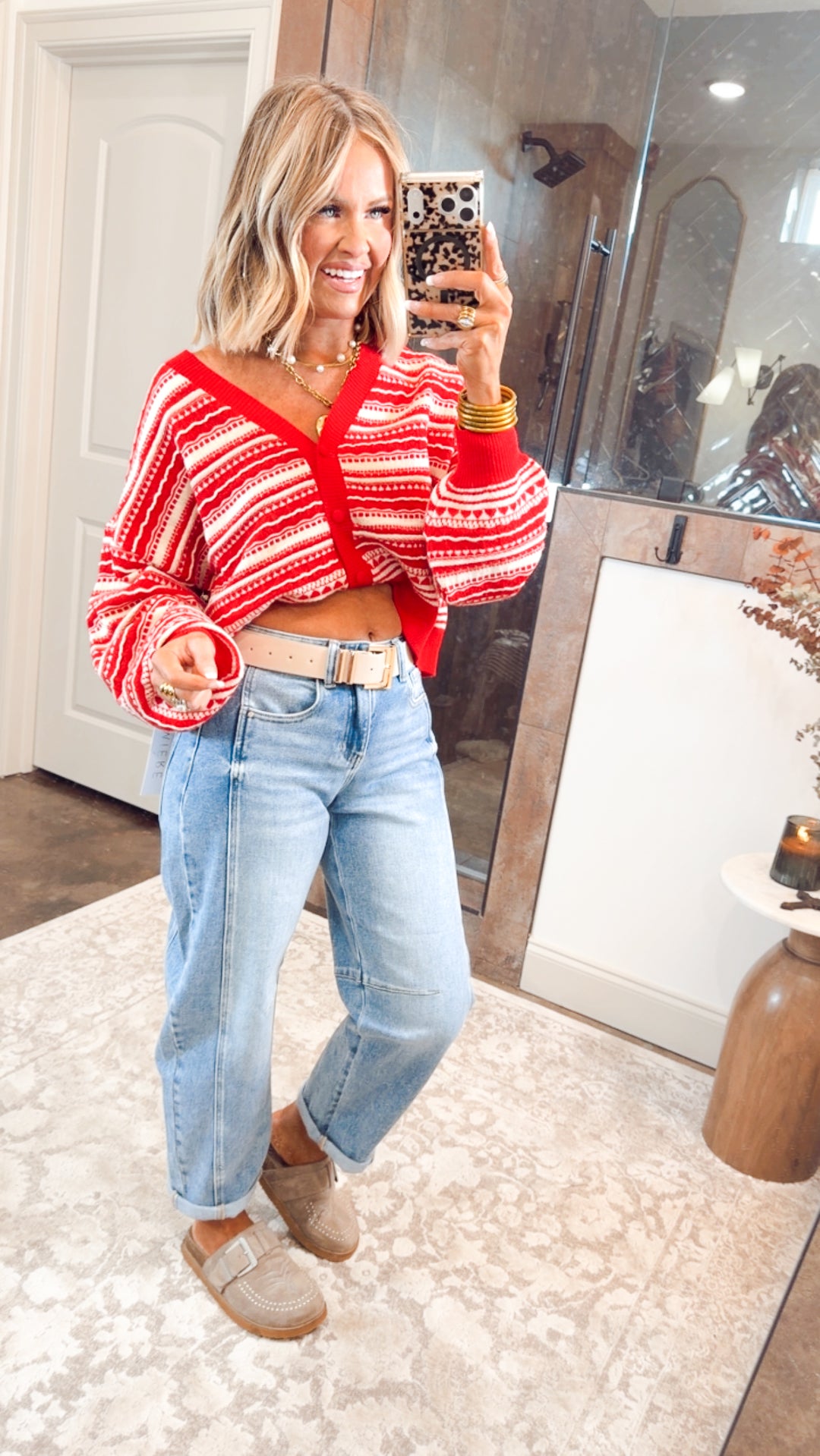Poppy Cropped Cardigan Top-Red/Cream