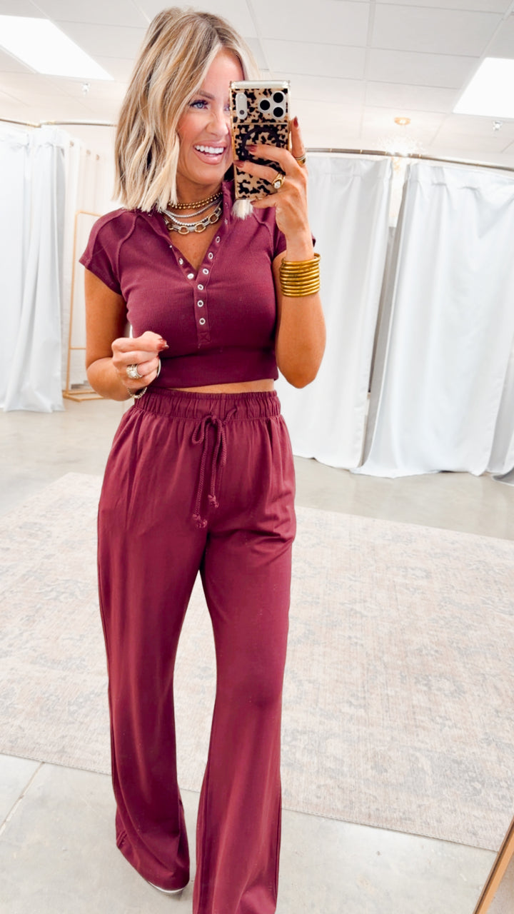 Evie Raglan Top & Pant Set-Wine