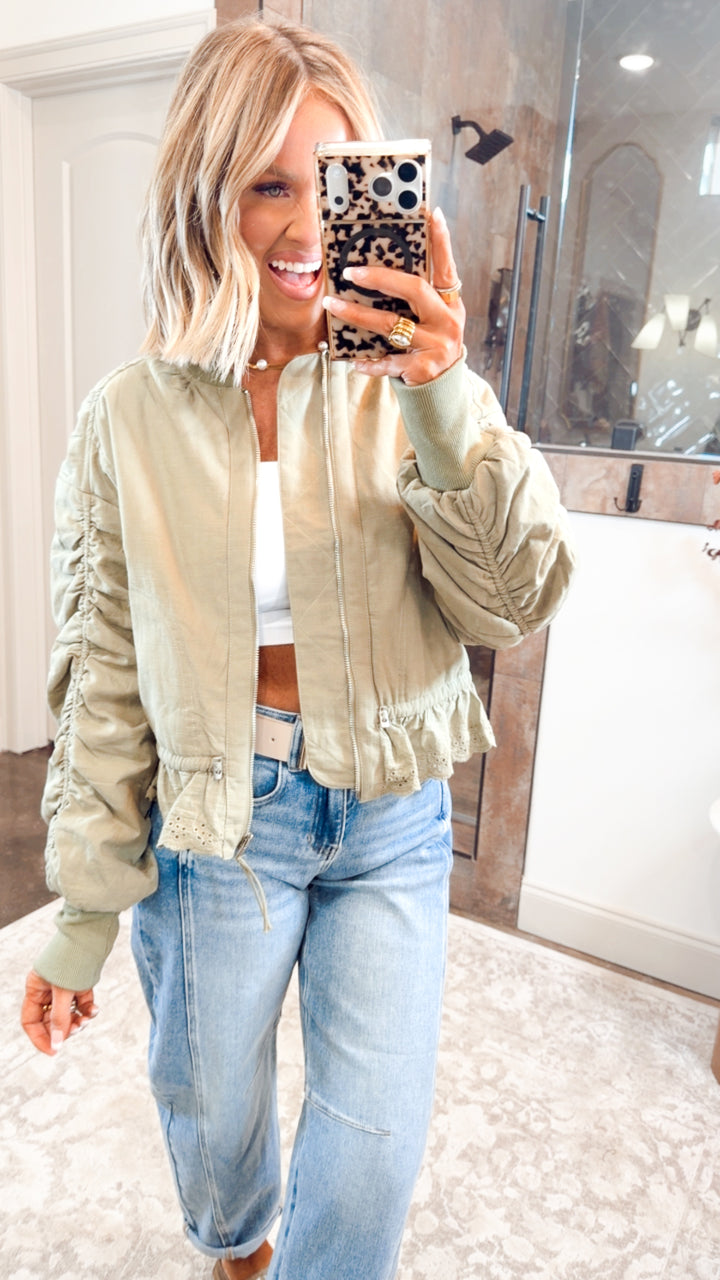 Ruched Sleeve Bomber Jacket-Light Olive