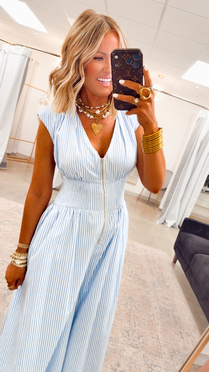 The Blue Bay Jumpsuit-Blue/White